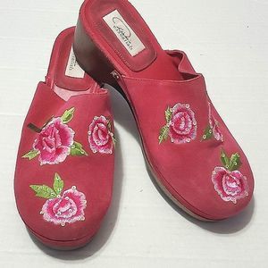 Boho Gypsy Retro Fuchsia Floral Embroidered DePop Clogs Mules 8M